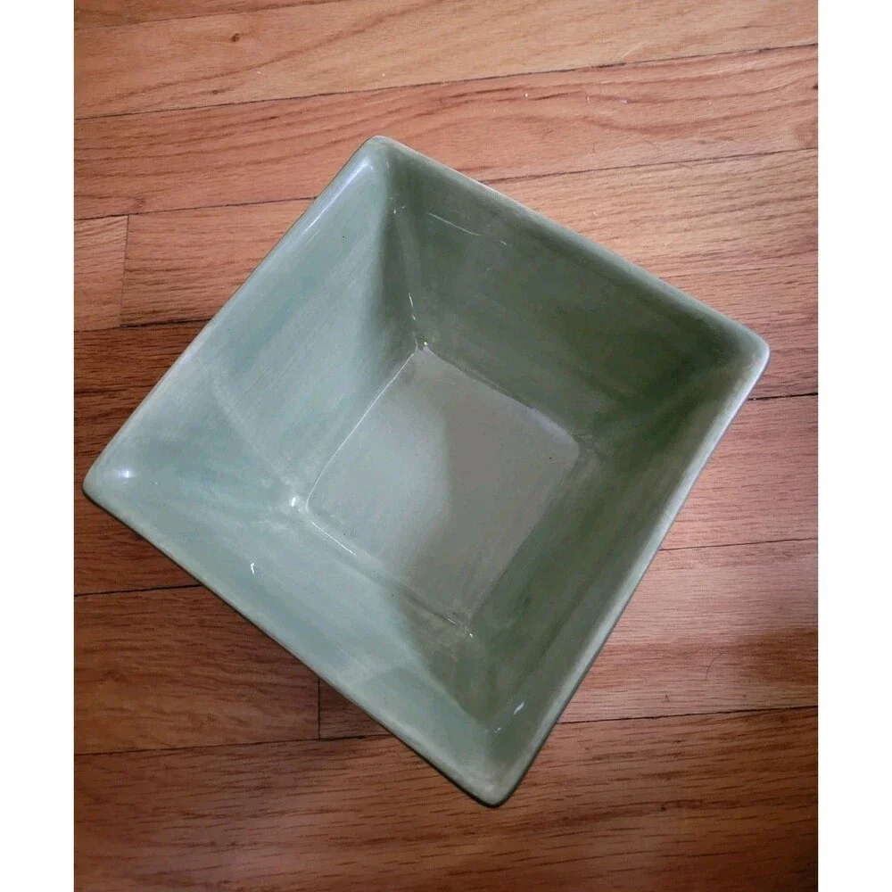 Pier 1 Olive Green Earthenware Square Hand Painted Olives Vines Cereal Soup Bowl